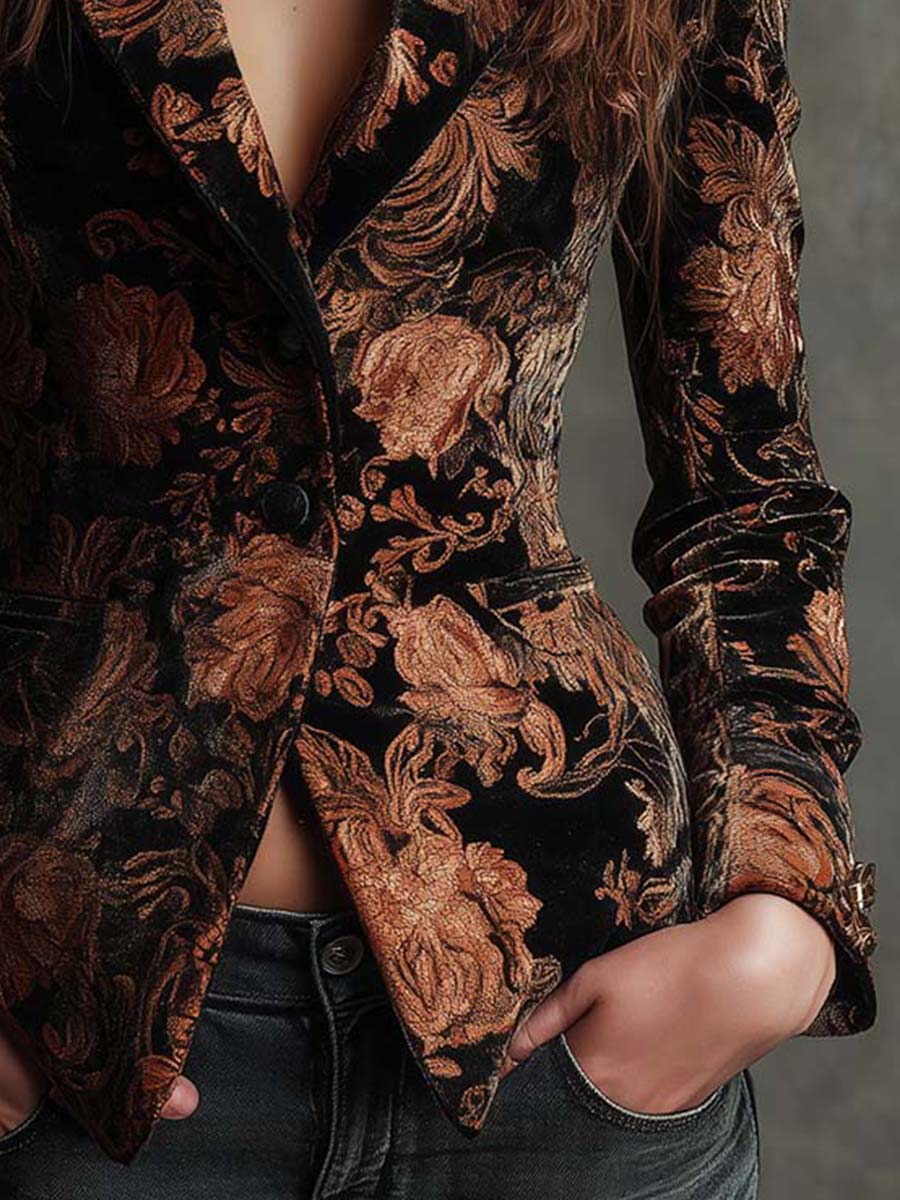 Blazer Tailleur Floreale Nero e Bronzo per Donne