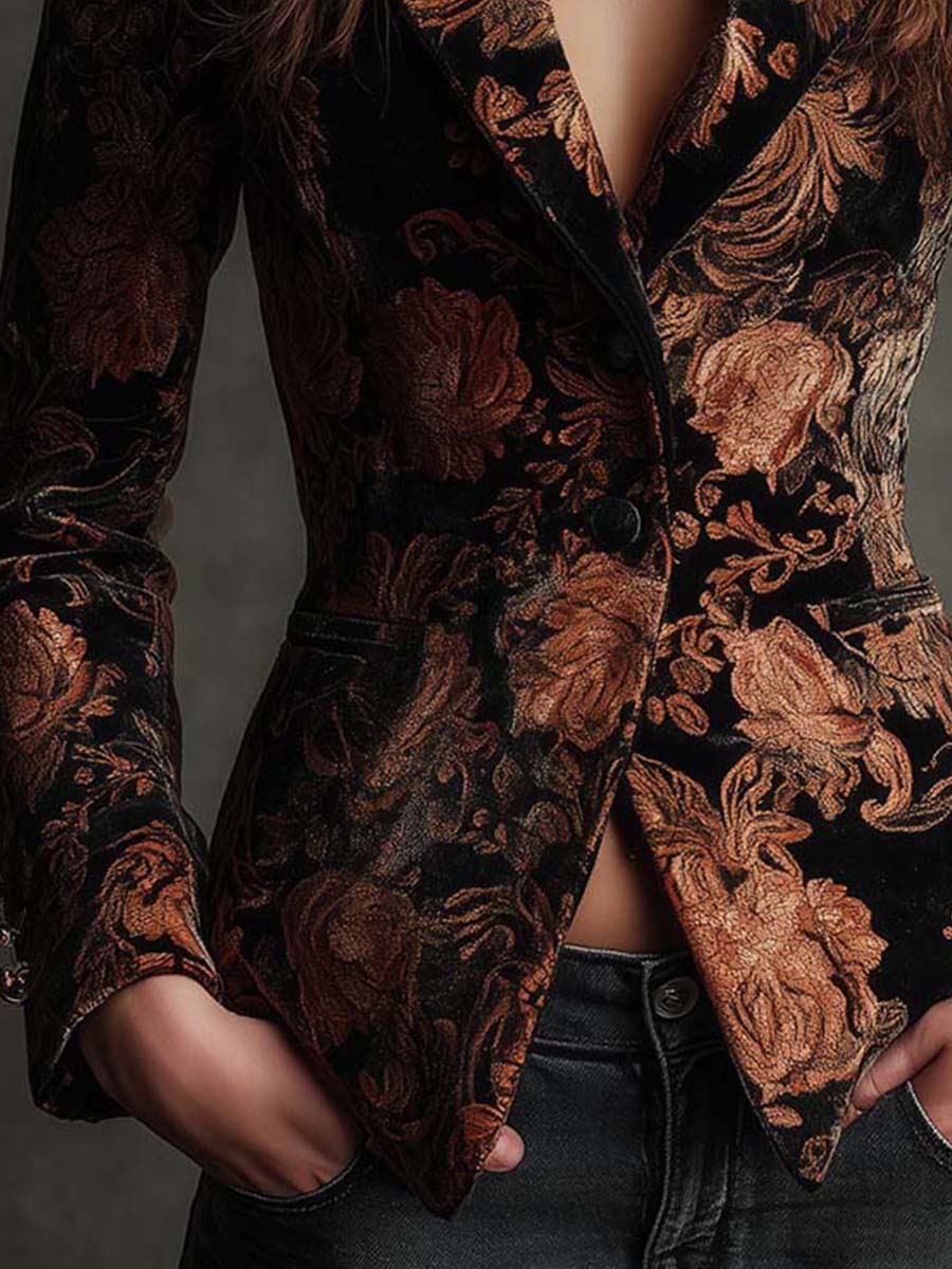 Blazer Tailleur Floreale Nero e Bronzo per Donne