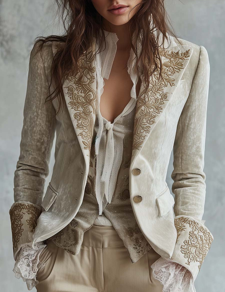 Blazer Tailleur Ricamato in Avorio per Donne