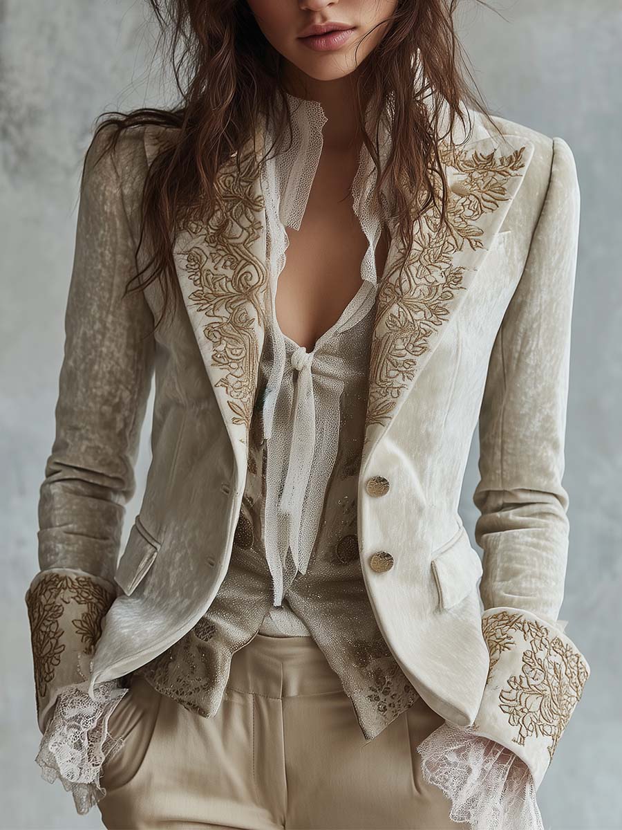 Blazer Tailleur Ricamato in Avorio per Donne