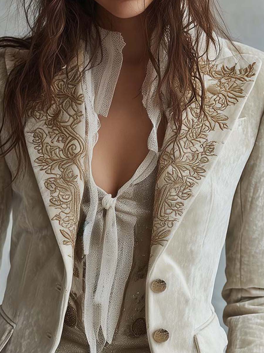 Blazer Tailleur Ricamato in Avorio per Donne