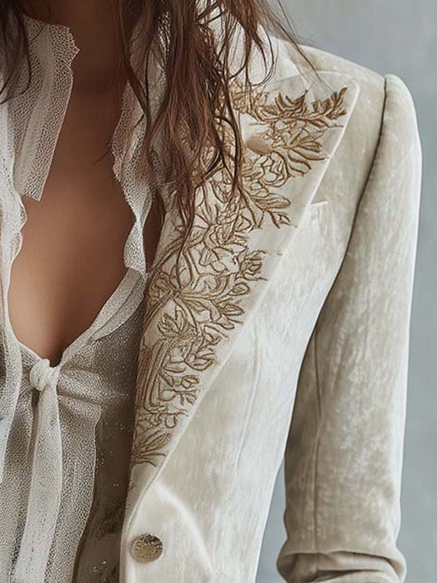 Blazer Tailleur Ricamato in Avorio per Donne