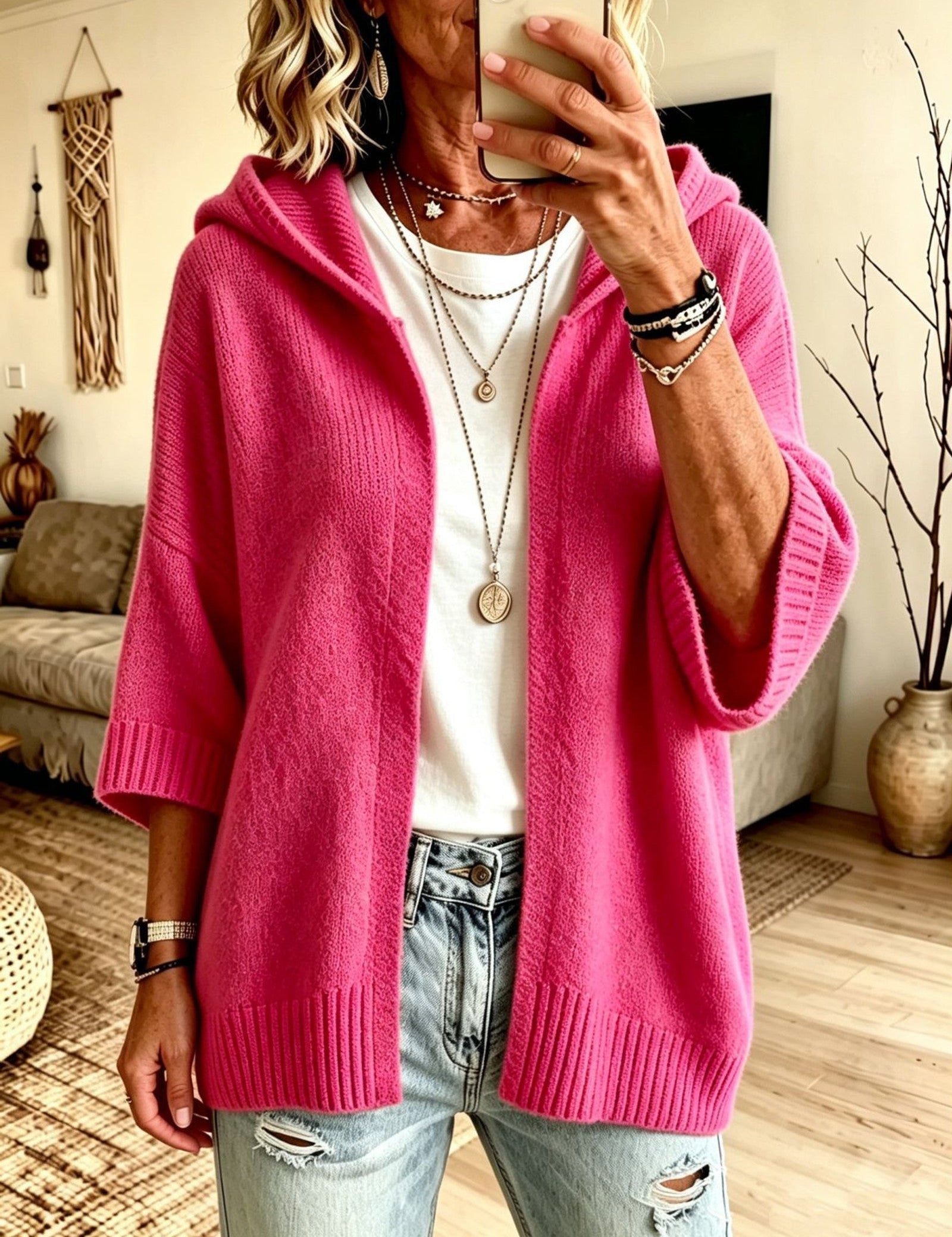 Cardigan a Maglia Aperto con Cappuccio