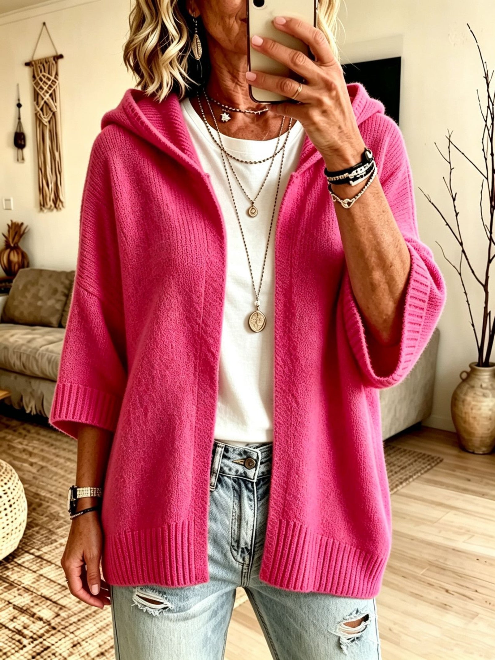 Cardigan a Maglia Aperto con Cappuccio