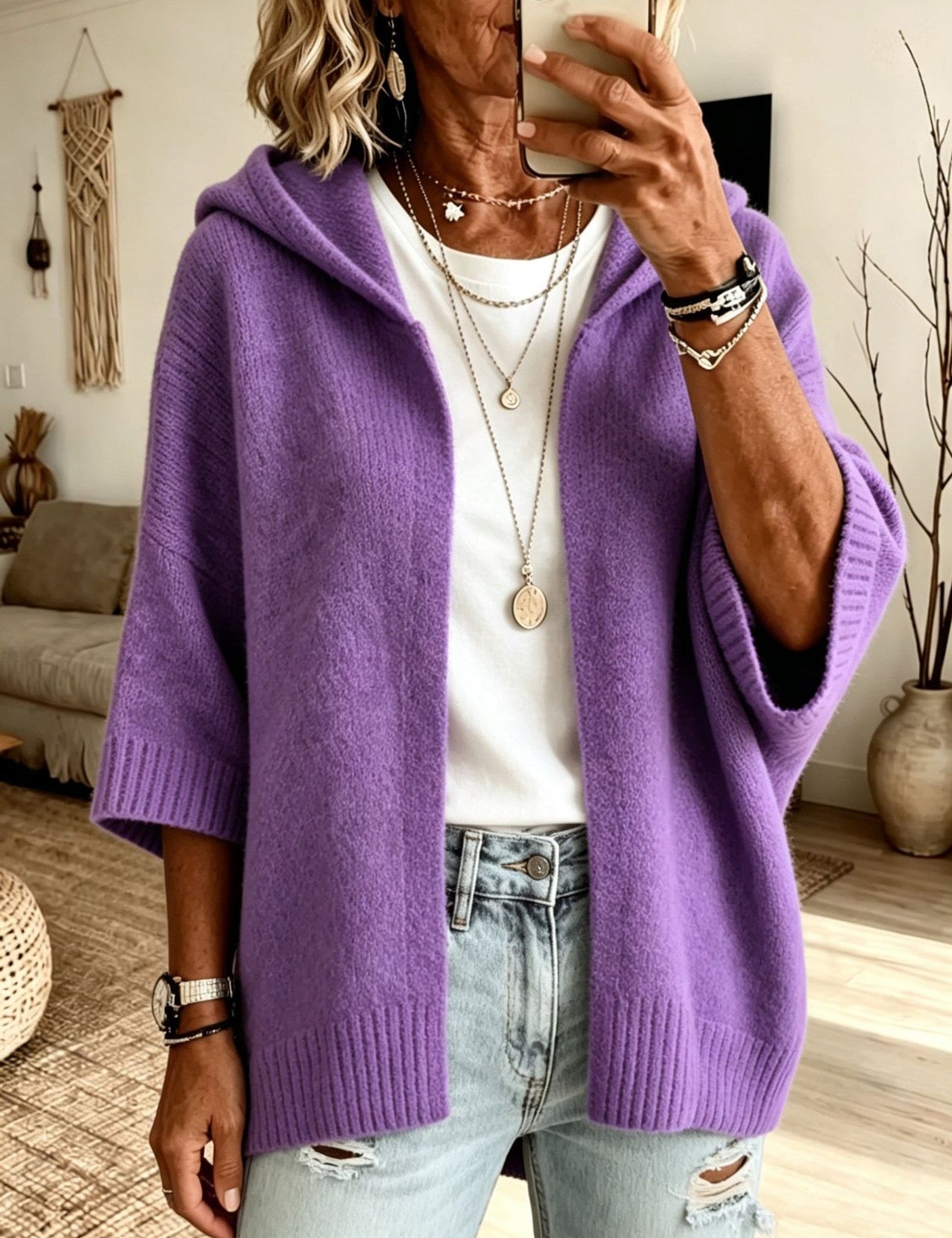 Cardigan a Maglia Aperto con Cappuccio