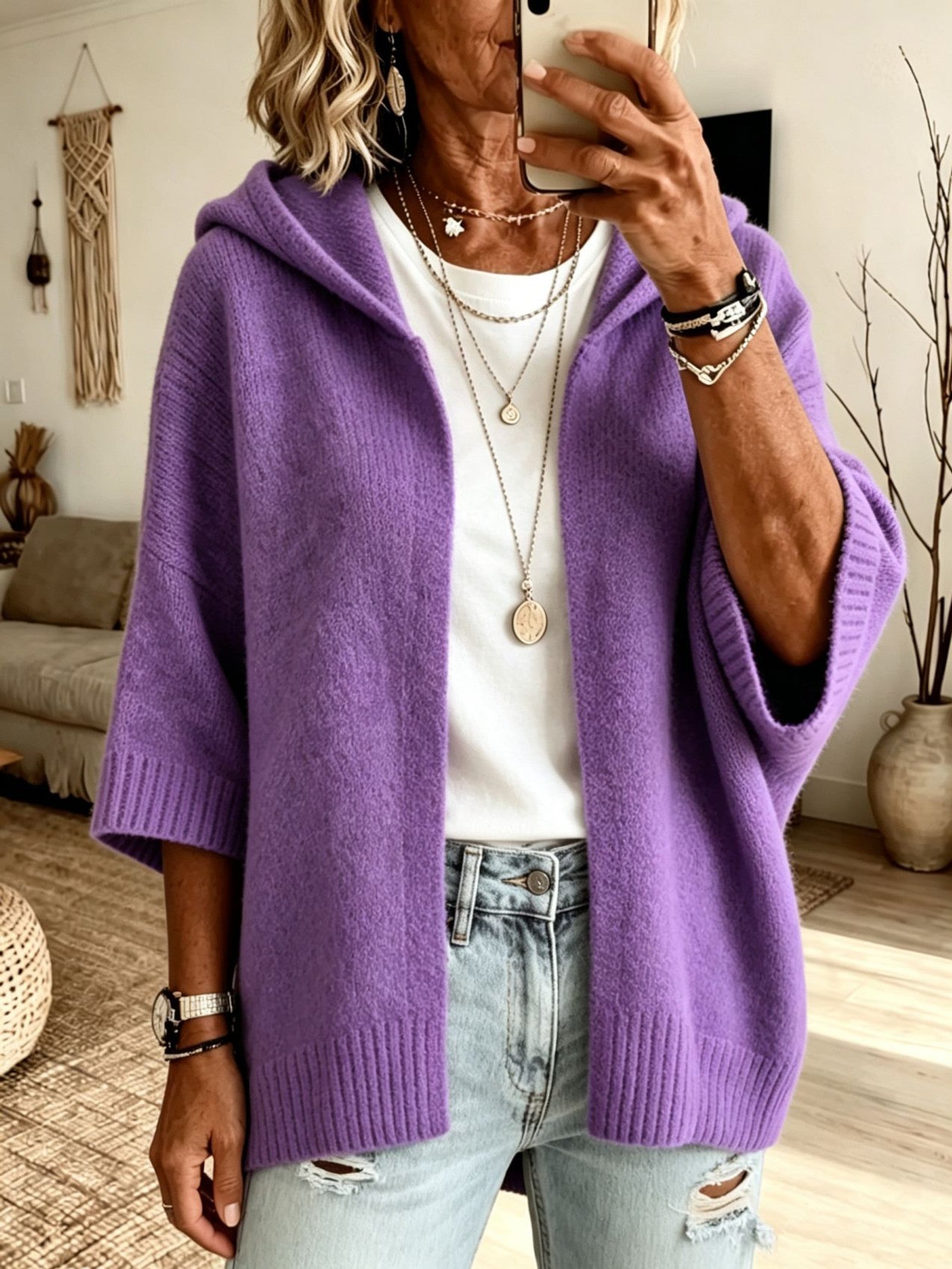 Cardigan a Maglia Aperto con Cappuccio