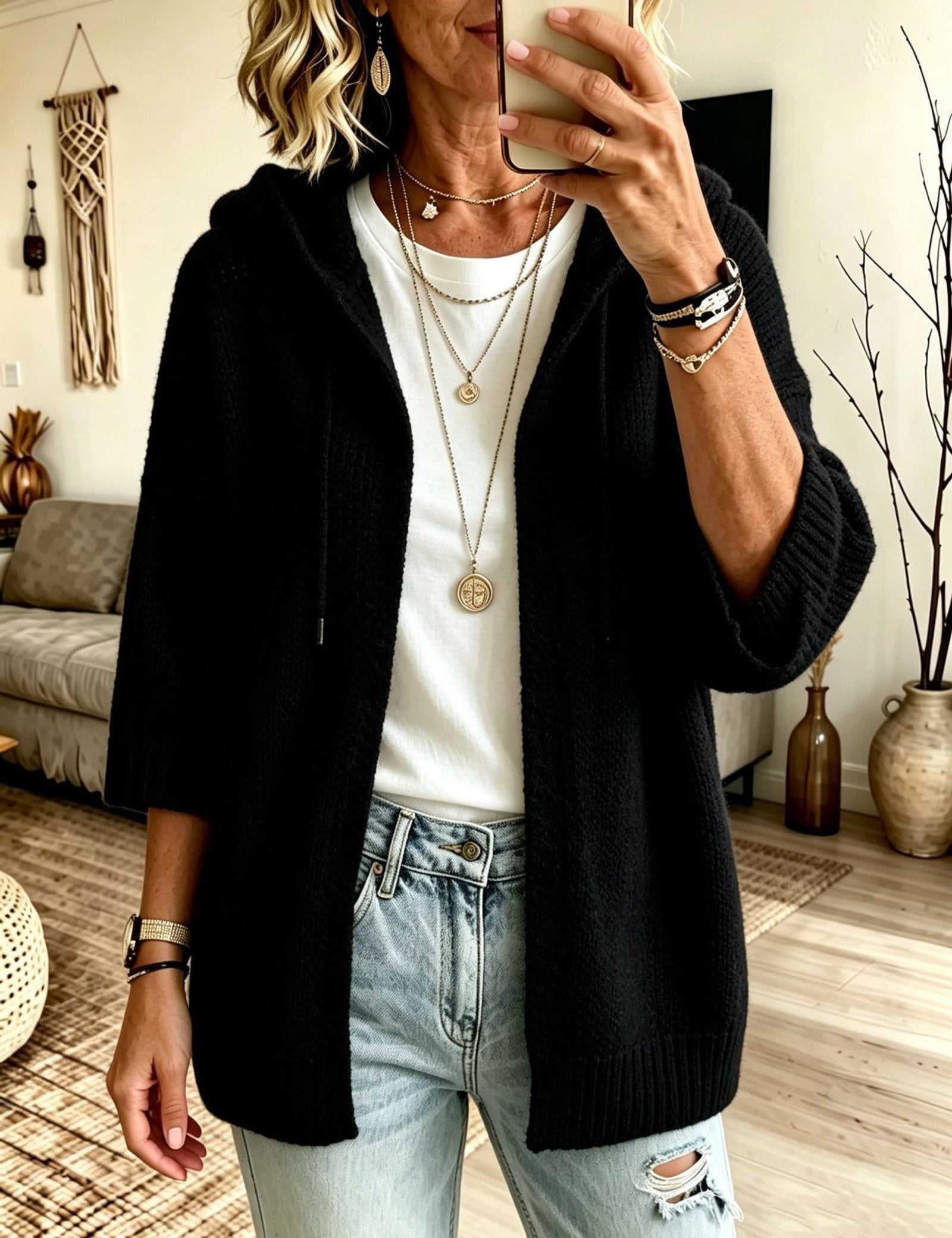 Cardigan a Maglia Aperto con Cappuccio