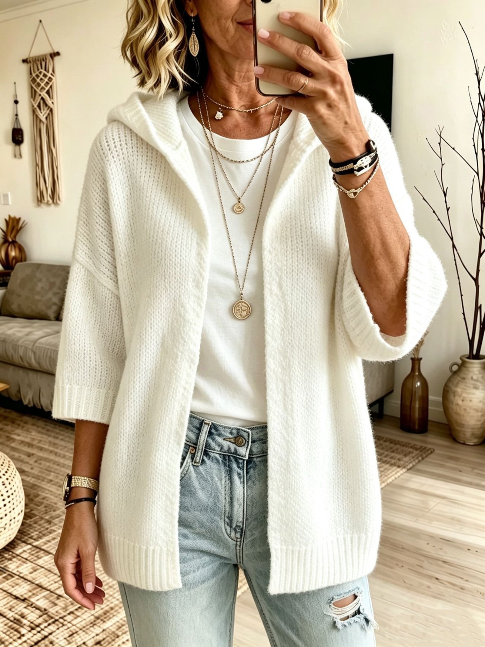 Cardigan a Maglia Aperto con Cappuccio