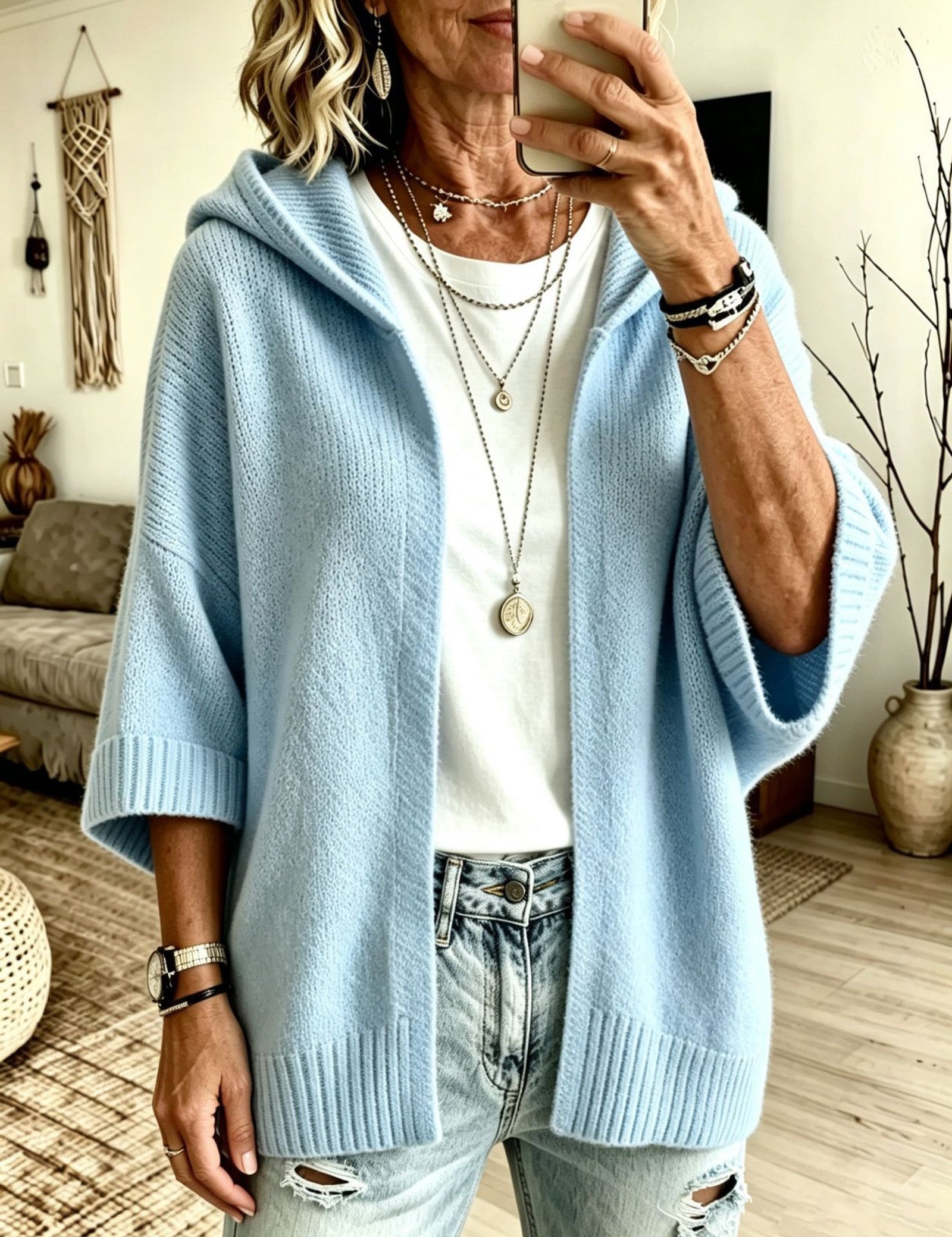 Cardigan a Maglia Aperto con Cappuccio
