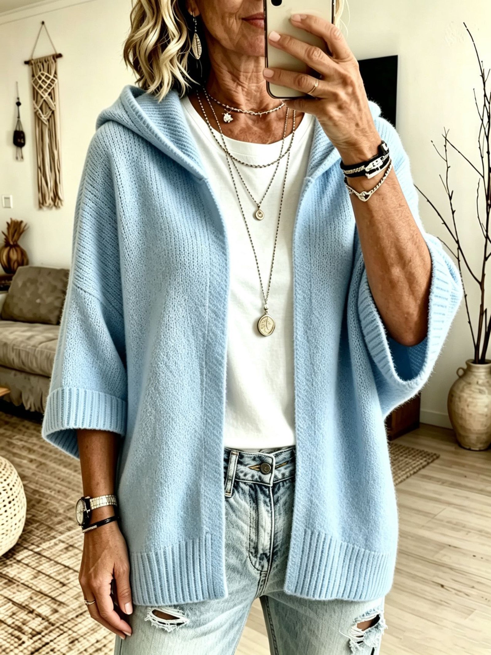 Cardigan a Maglia Aperto con Cappuccio