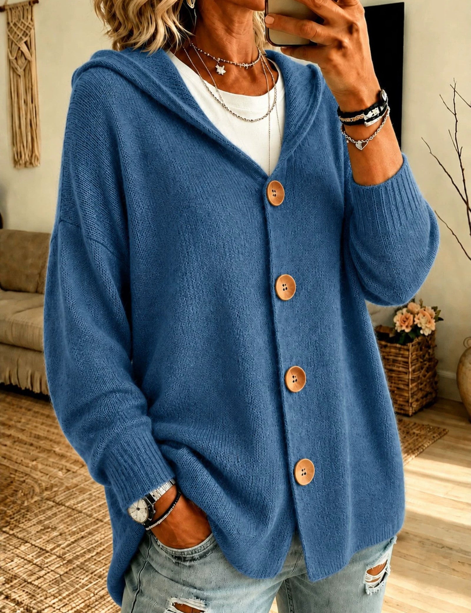 Cardigan a Maglia con Cappuccio e Bottoni