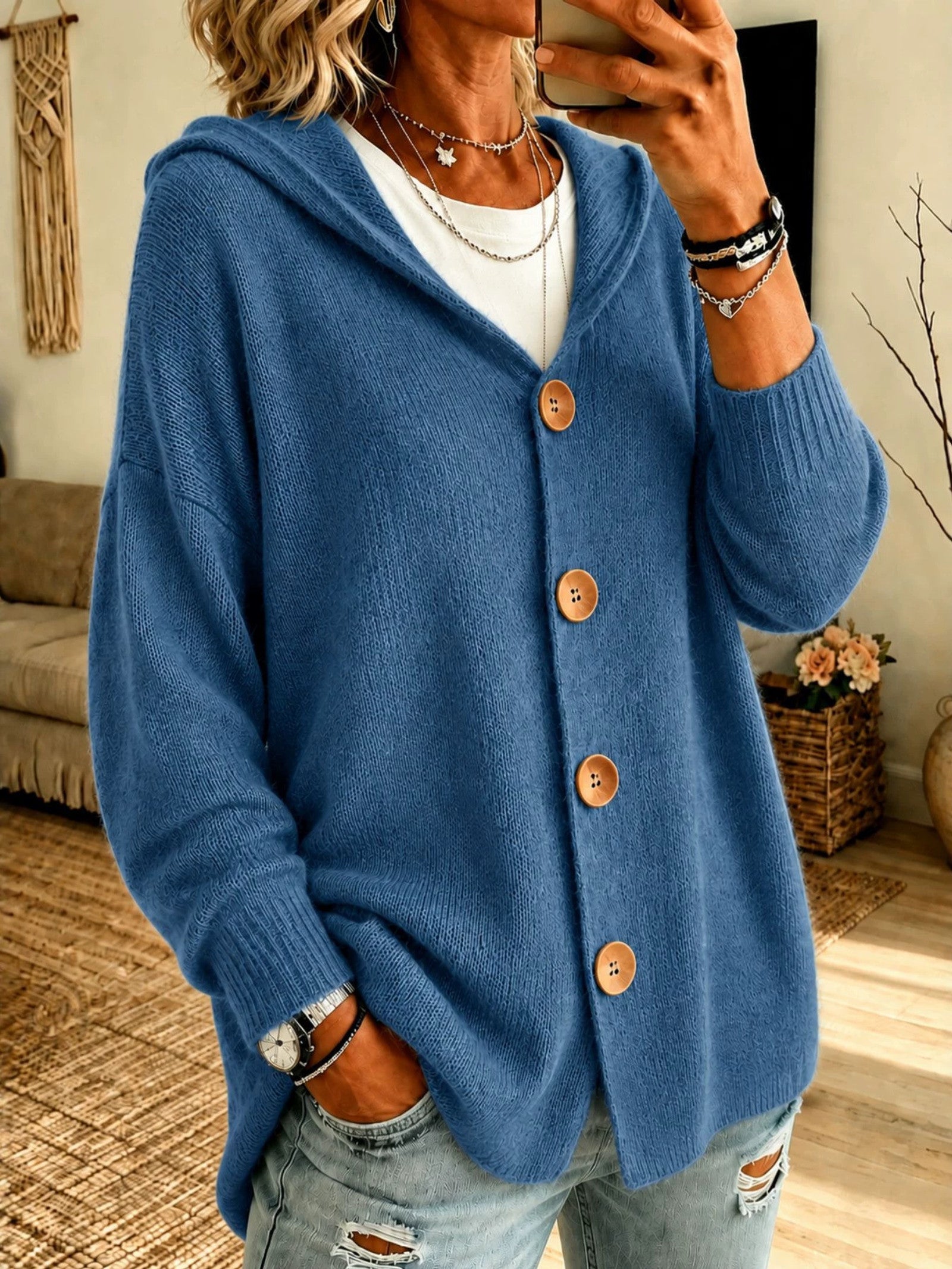 Cardigan a Maglia con Cappuccio e Bottoni