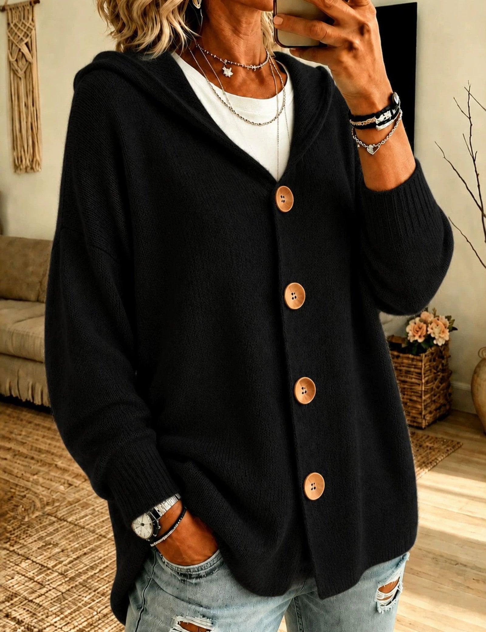 Cardigan a Maglia con Cappuccio e Bottoni