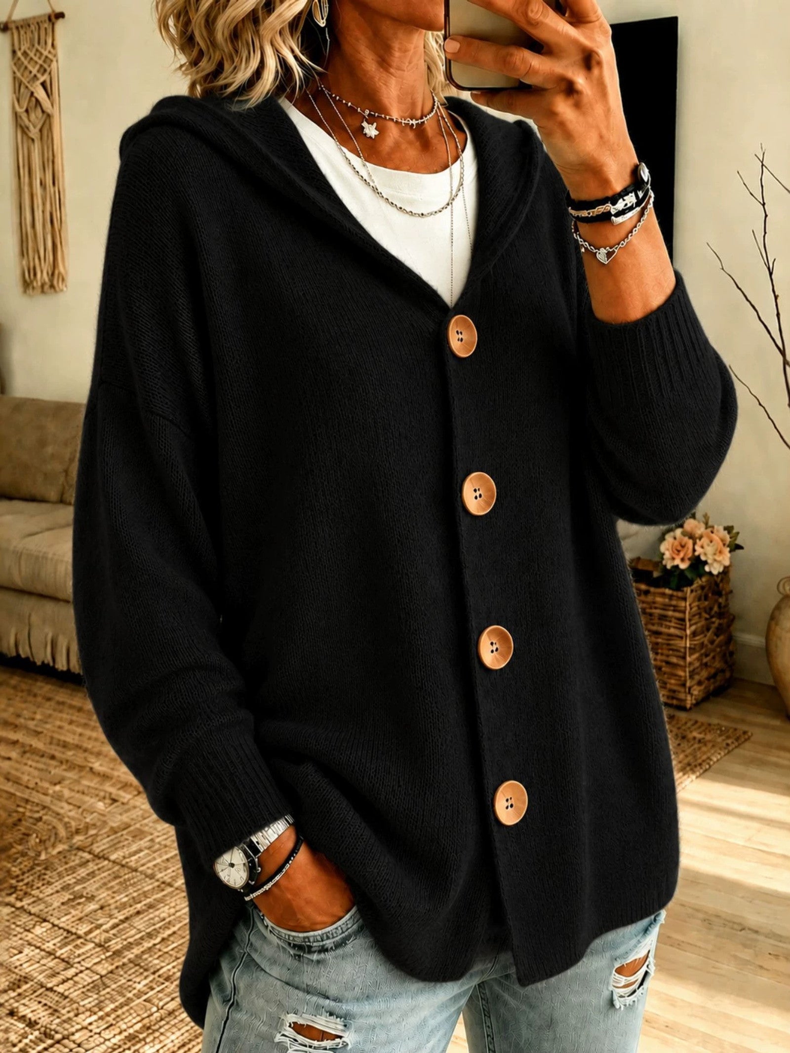 Cardigan a Maglia con Cappuccio e Bottoni