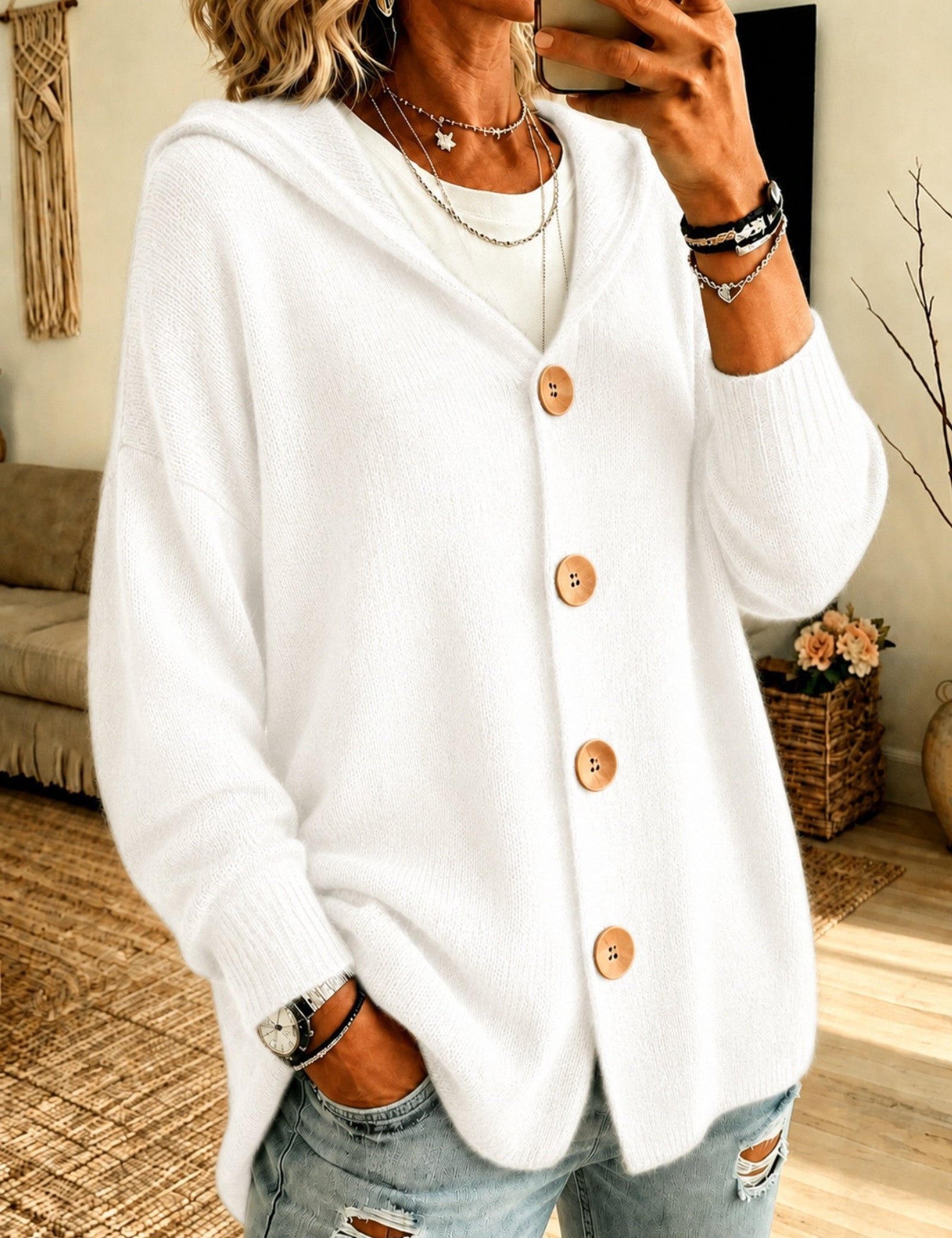 Cardigan a Maglia con Cappuccio e Bottoni