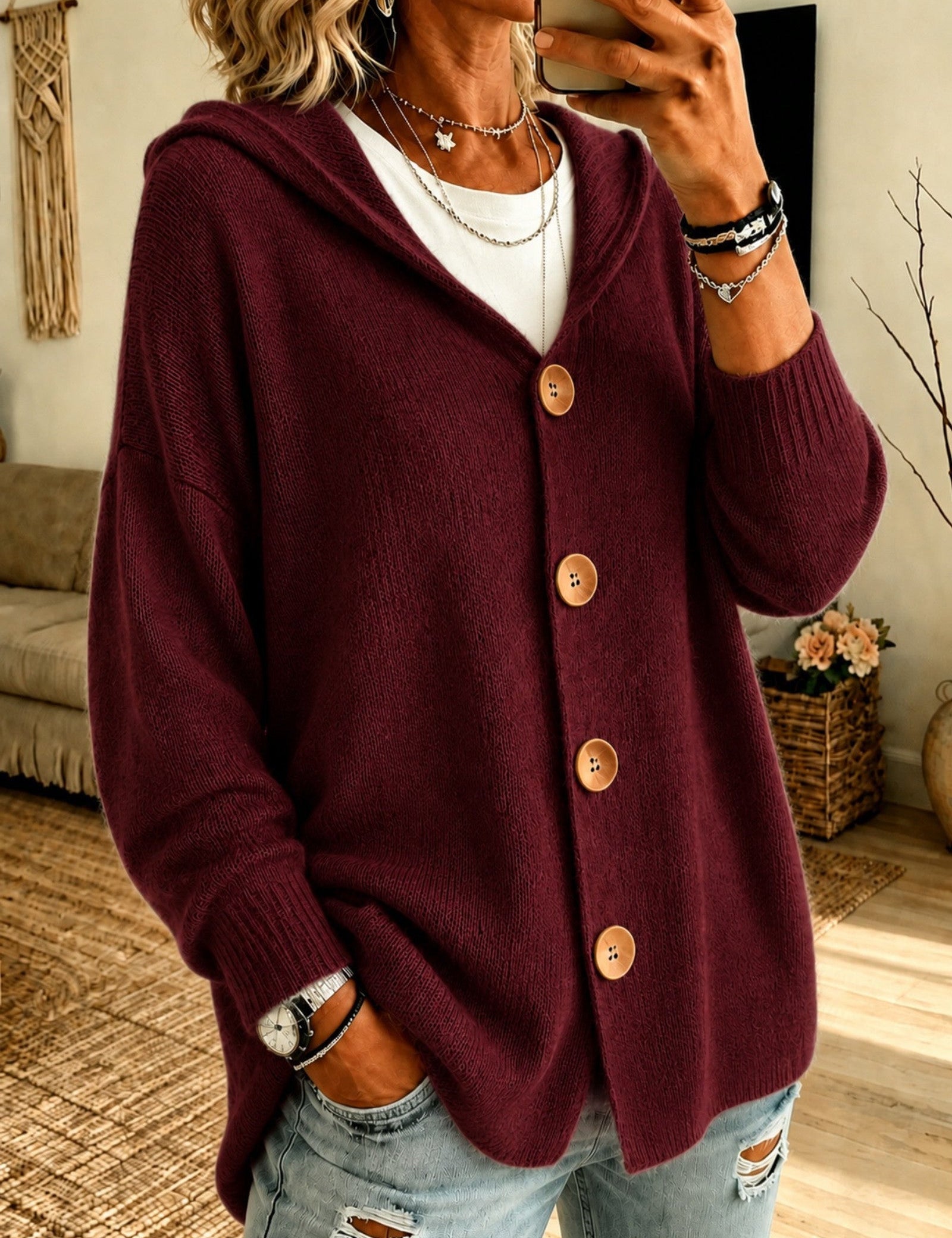 Cardigan a Maglia con Cappuccio e Bottoni