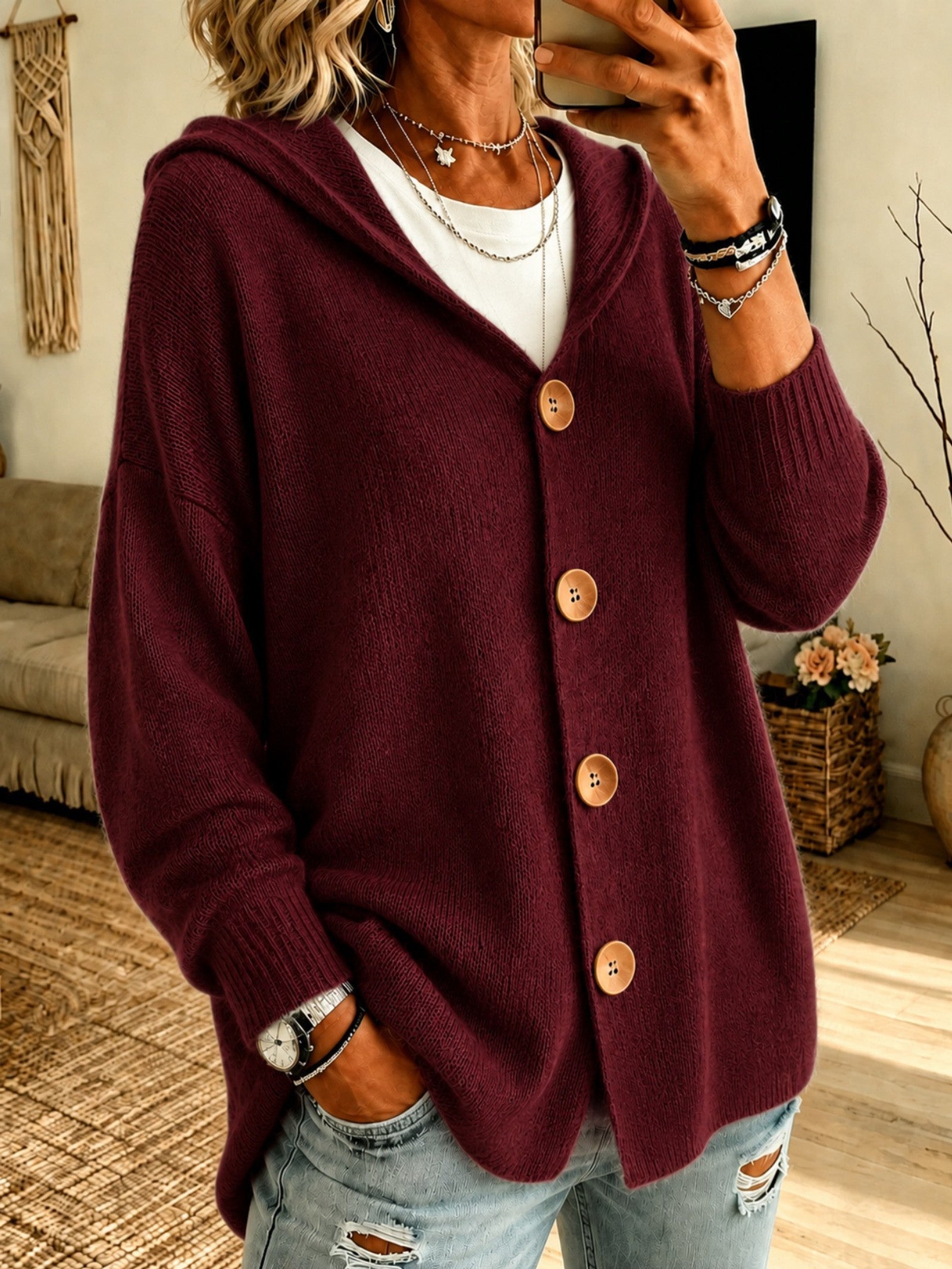 Cardigan a Maglia con Cappuccio e Bottoni