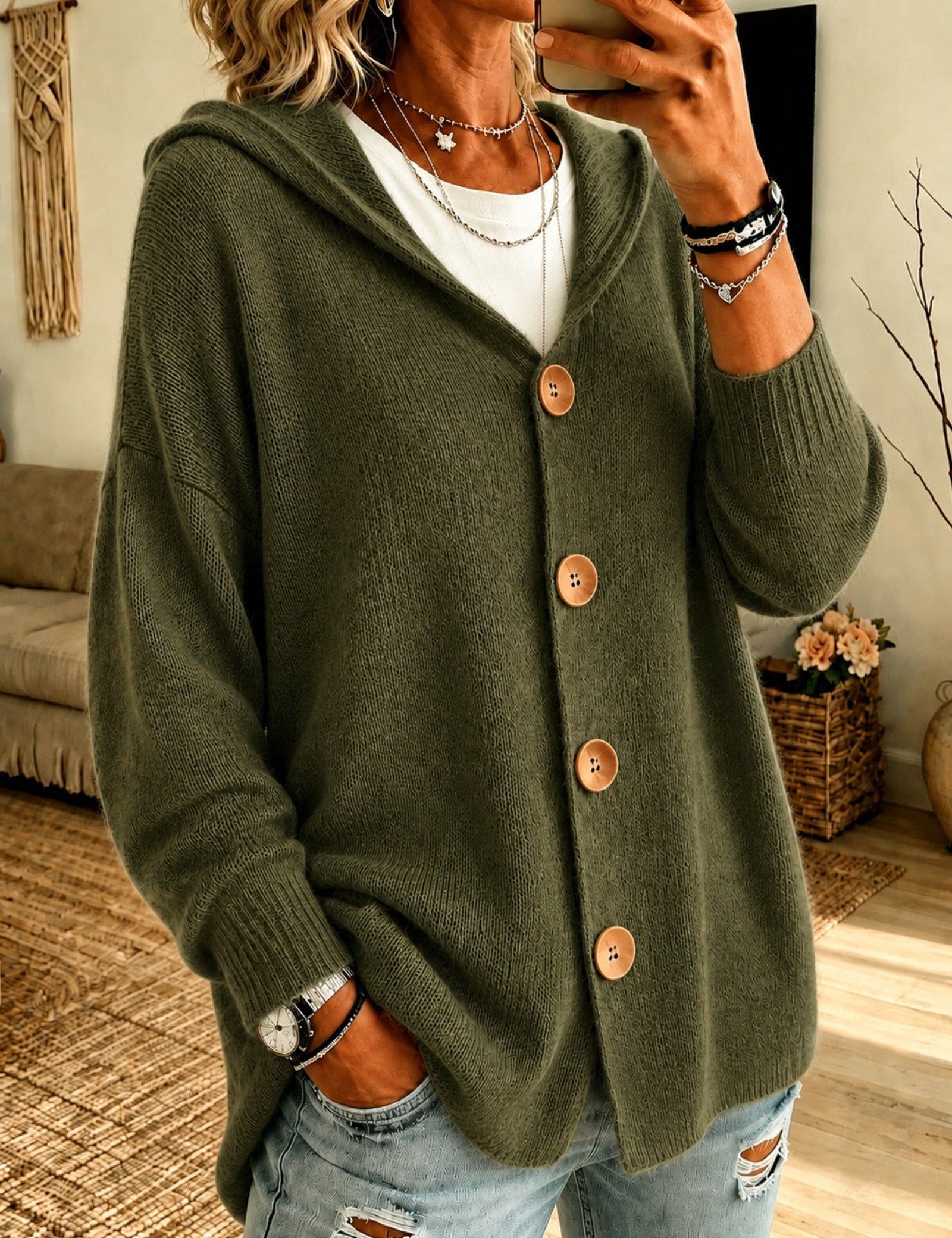 Cardigan a Maglia con Cappuccio e Bottoni