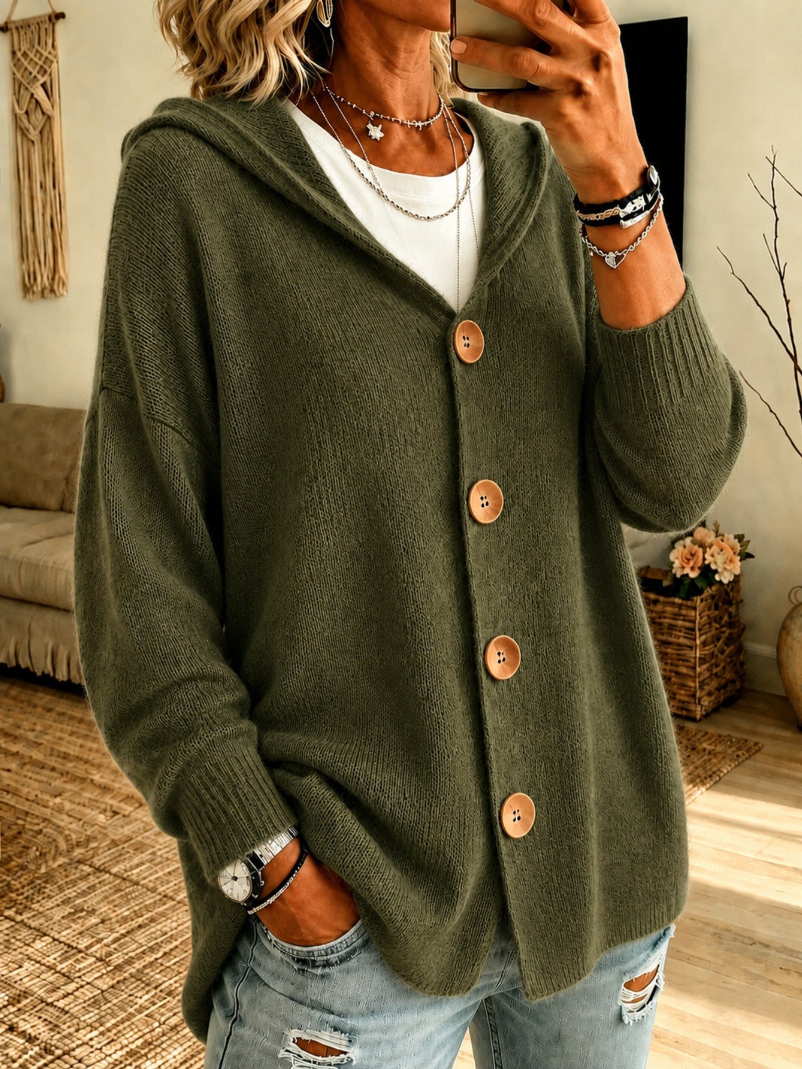Cardigan a Maglia con Cappuccio e Bottoni