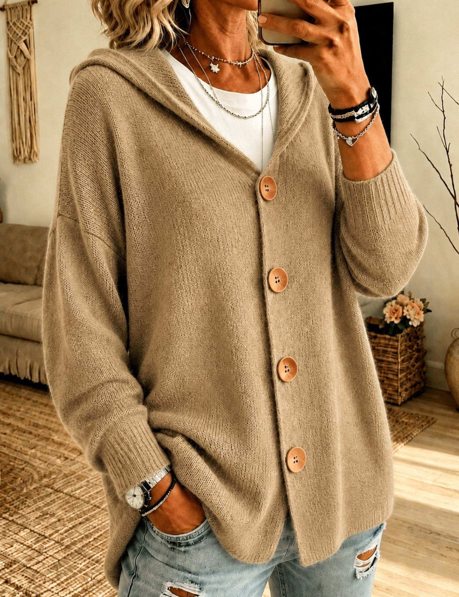 Cardigan a Maglia con Cappuccio e Bottoni