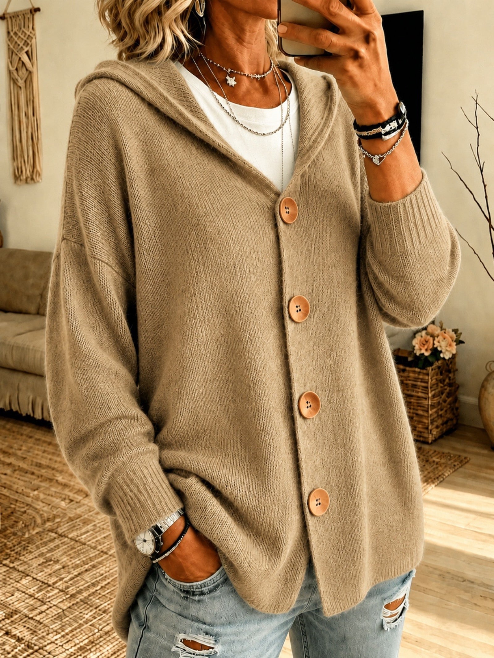 Cardigan a Maglia con Cappuccio e Bottoni