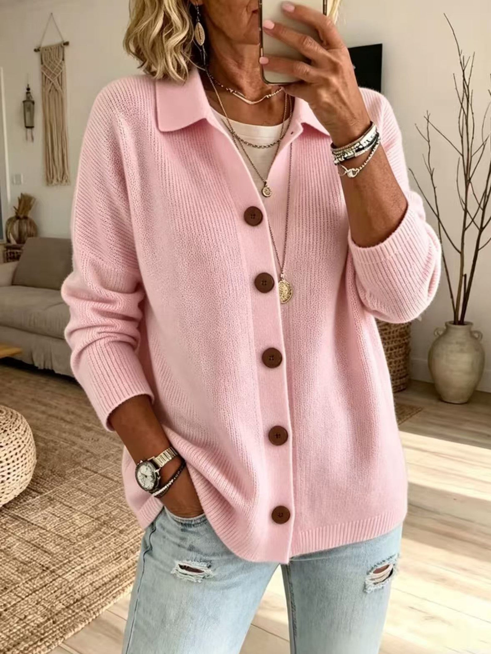 Cardigan a Maglia con Collo e Bottoni
