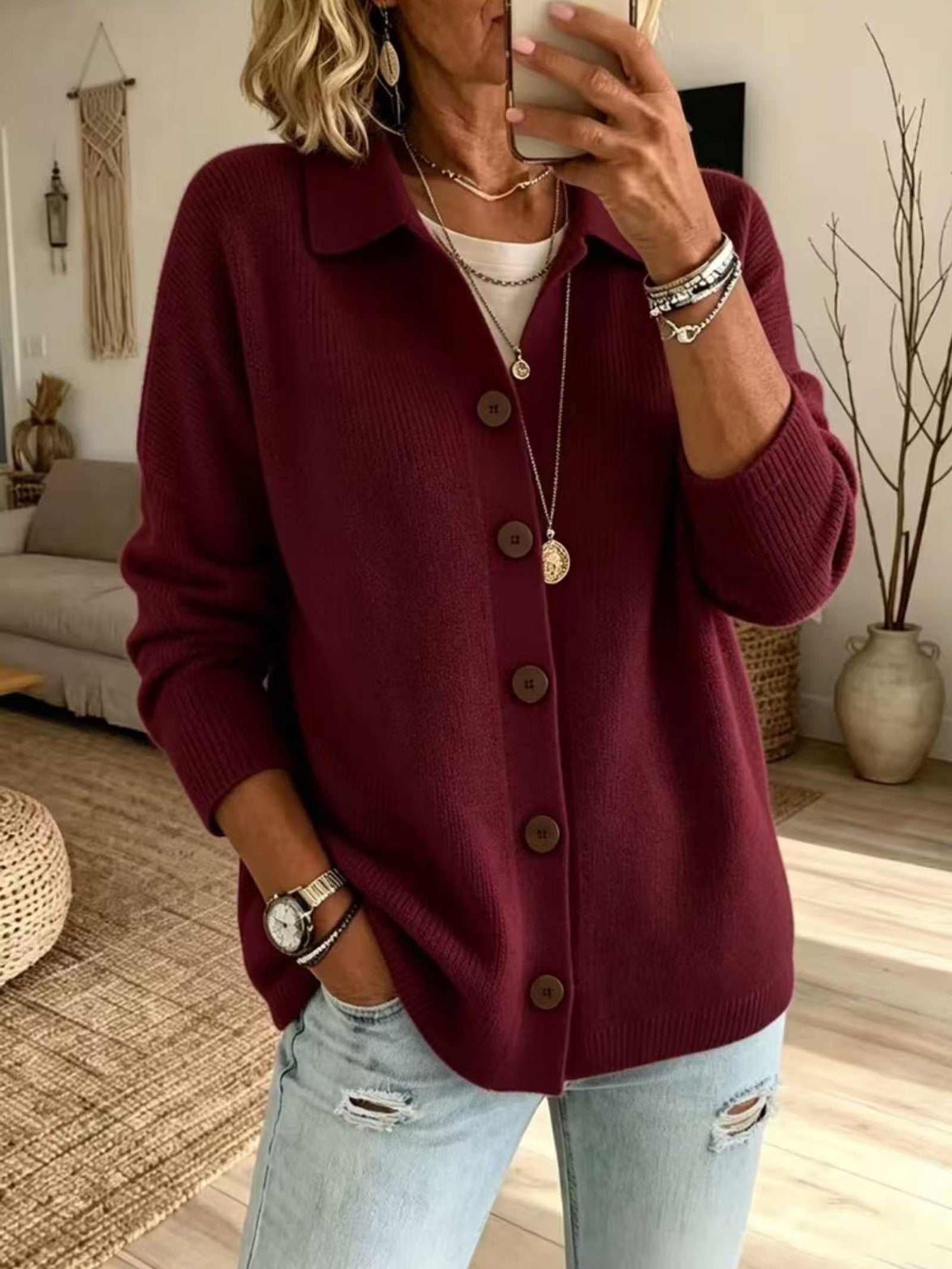 Cardigan a Maglia con Collo e Bottoni