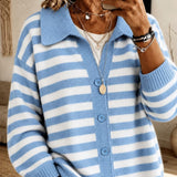 Cardigan a Maglia con Collo Striato e Bottoni