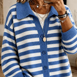 Cardigan a Maglia con Collo Striato e Bottoni