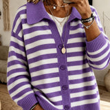 Cardigan a Maglia con Collo Striato e Bottoni