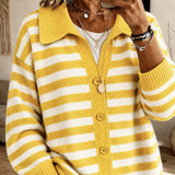 Cardigan a Maglia con Collo Striato e Bottoni