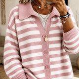 Cardigan a Maglia con Collo Striato e Bottoni