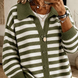 Cardigan a Maglia con Collo Striato e Bottoni