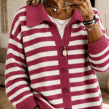 Cardigan a Maglia con Collo Striato e Bottoni