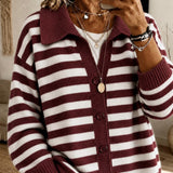 Cardigan a Maglia con Collo Striato e Bottoni
