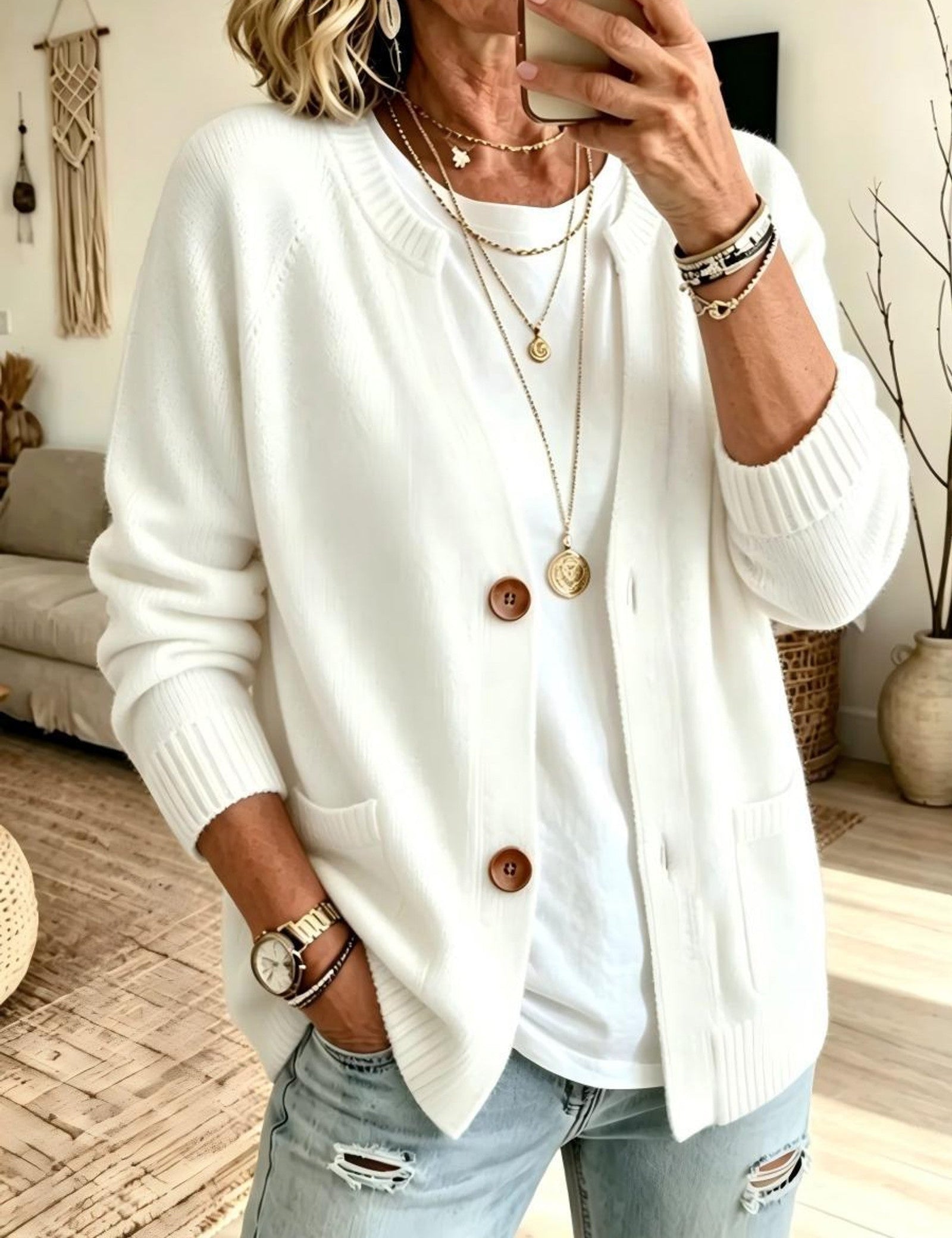 Cardigan a Maglia con Due Tasche e Bottoni