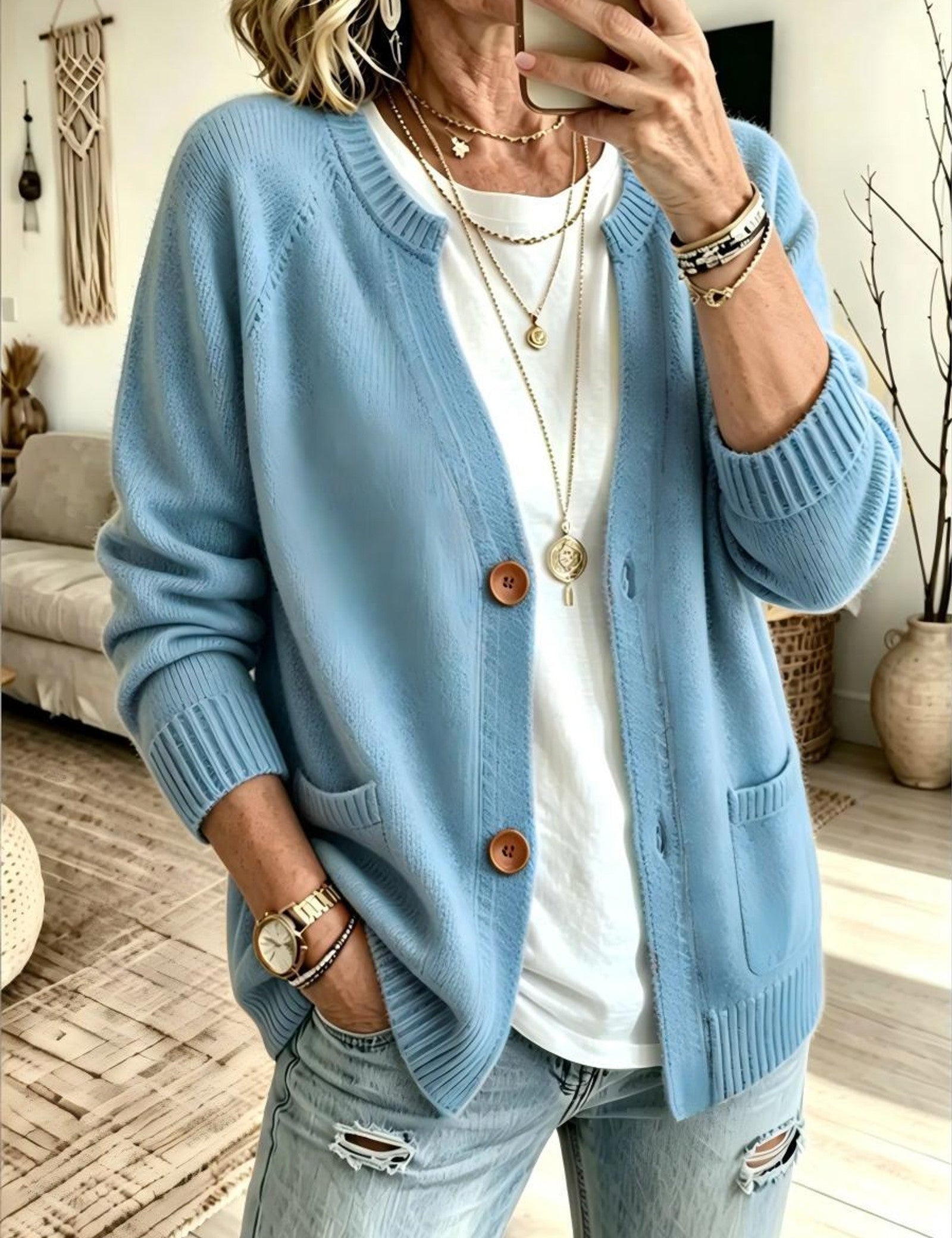 Cardigan a Maglia con Due Tasche e Bottoni