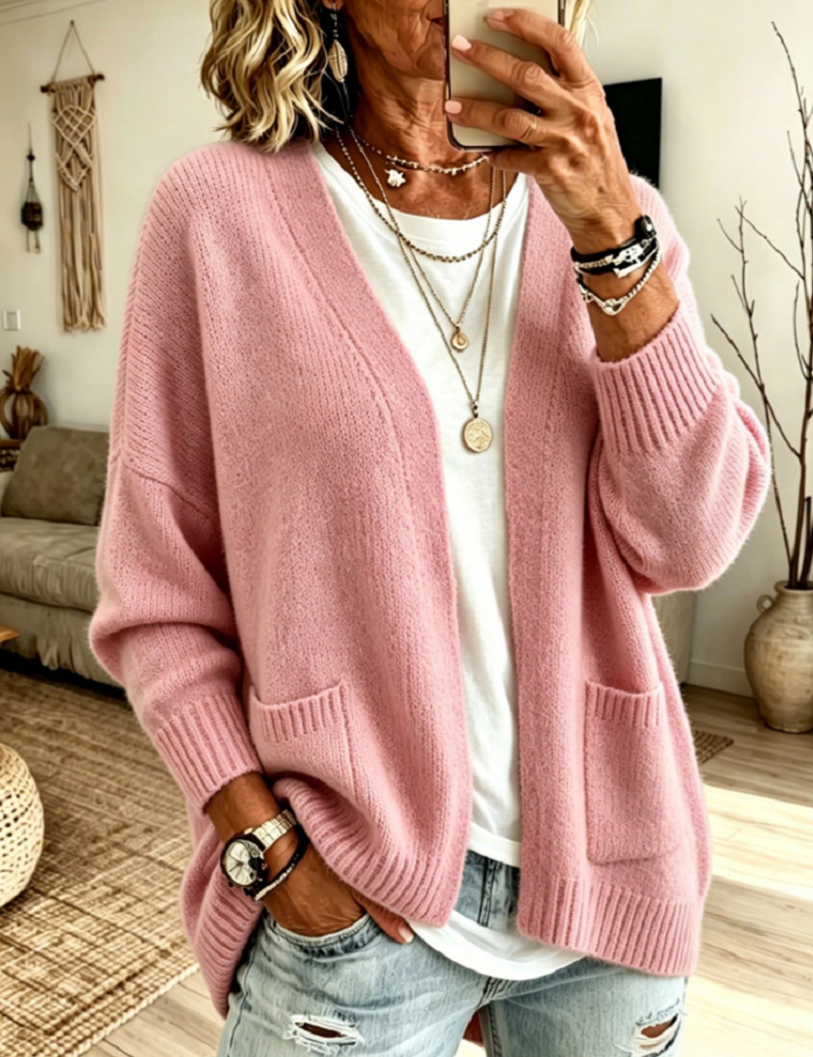 Cardigan a Maglia con Tasca Frontale Aperta