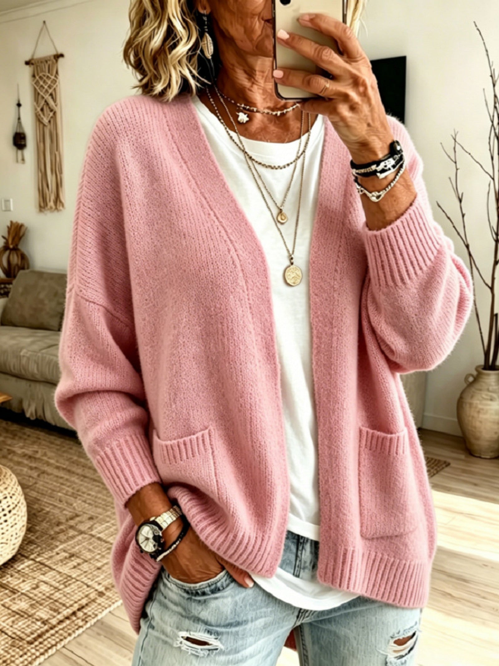 Cardigan a Maglia con Tasca Frontale Aperta