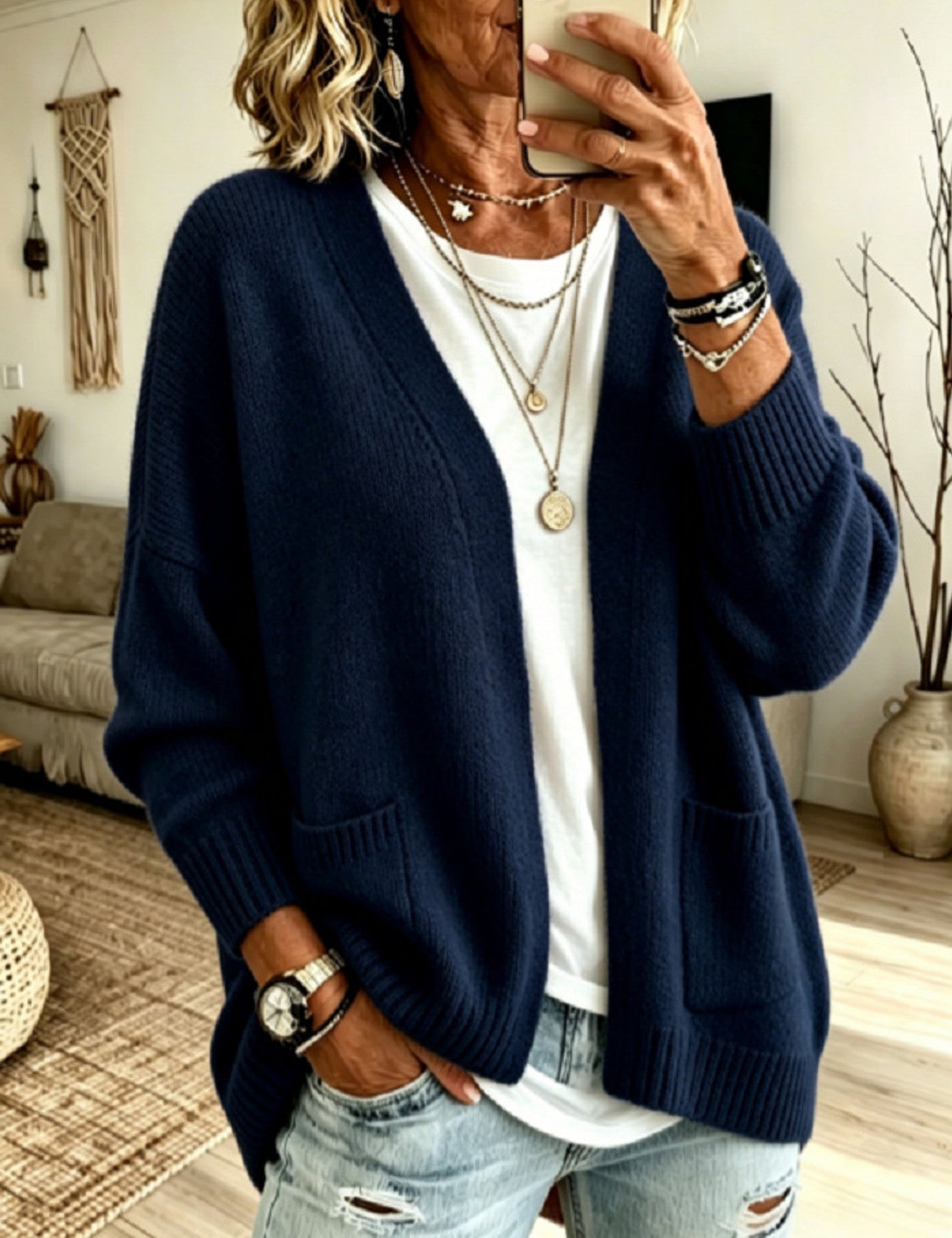 Cardigan a Maglia con Tasca Frontale Aperta