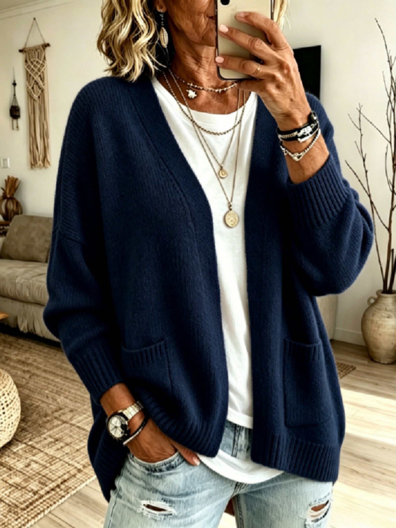 Cardigan a Maglia con Tasca Frontale Aperta