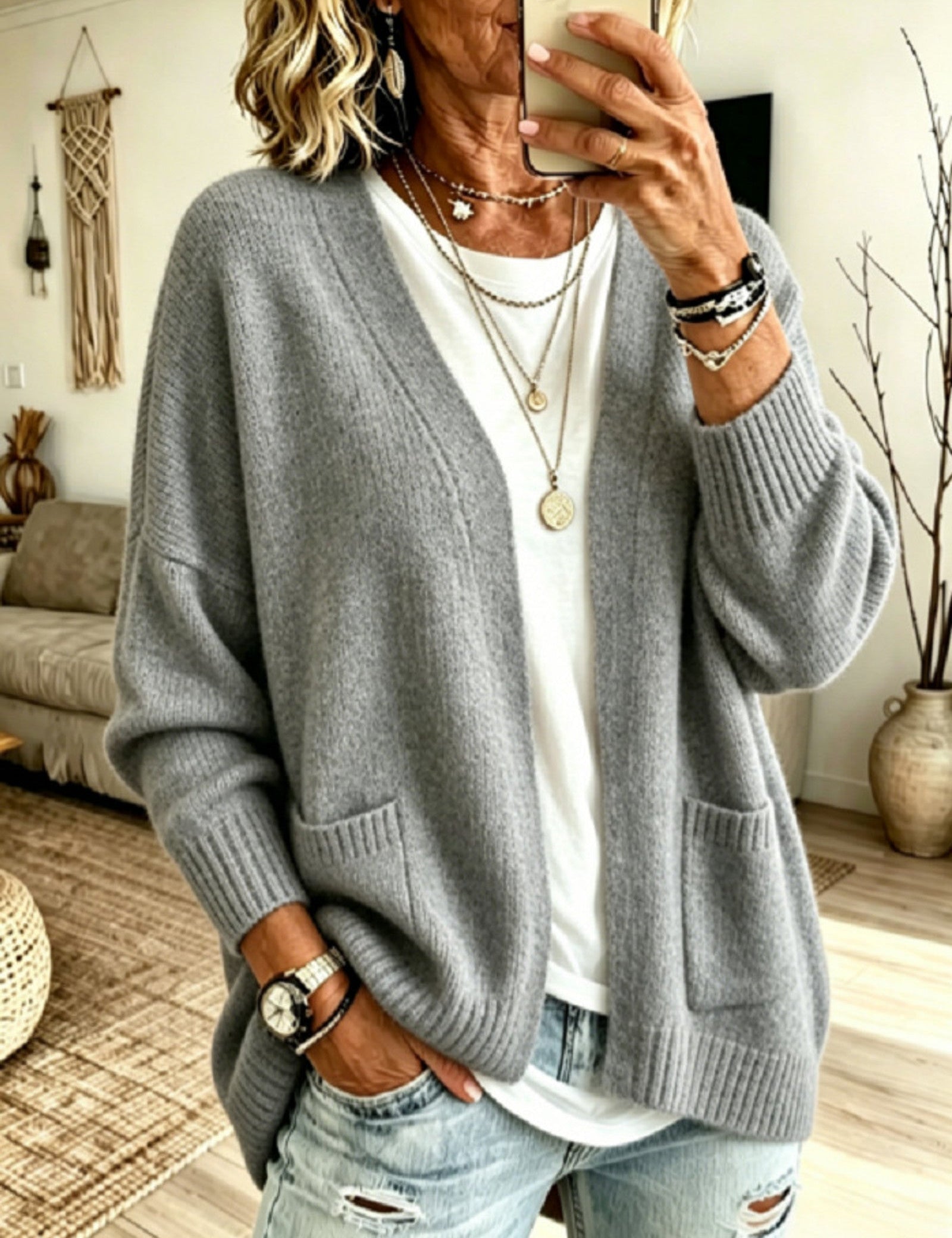 Cardigan a Maglia con Tasca Frontale Aperta
