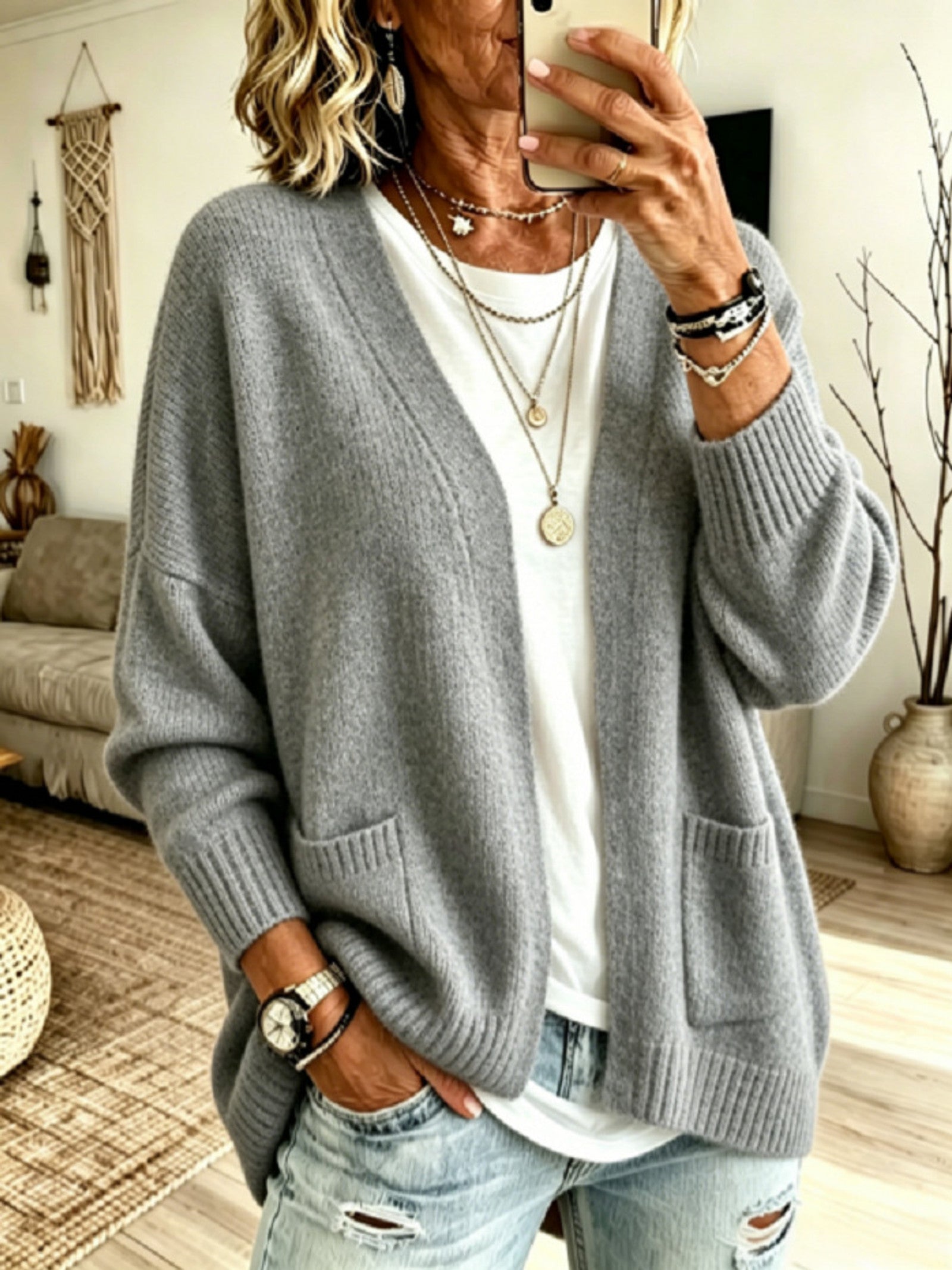 Cardigan a Maglia con Tasca Frontale Aperta