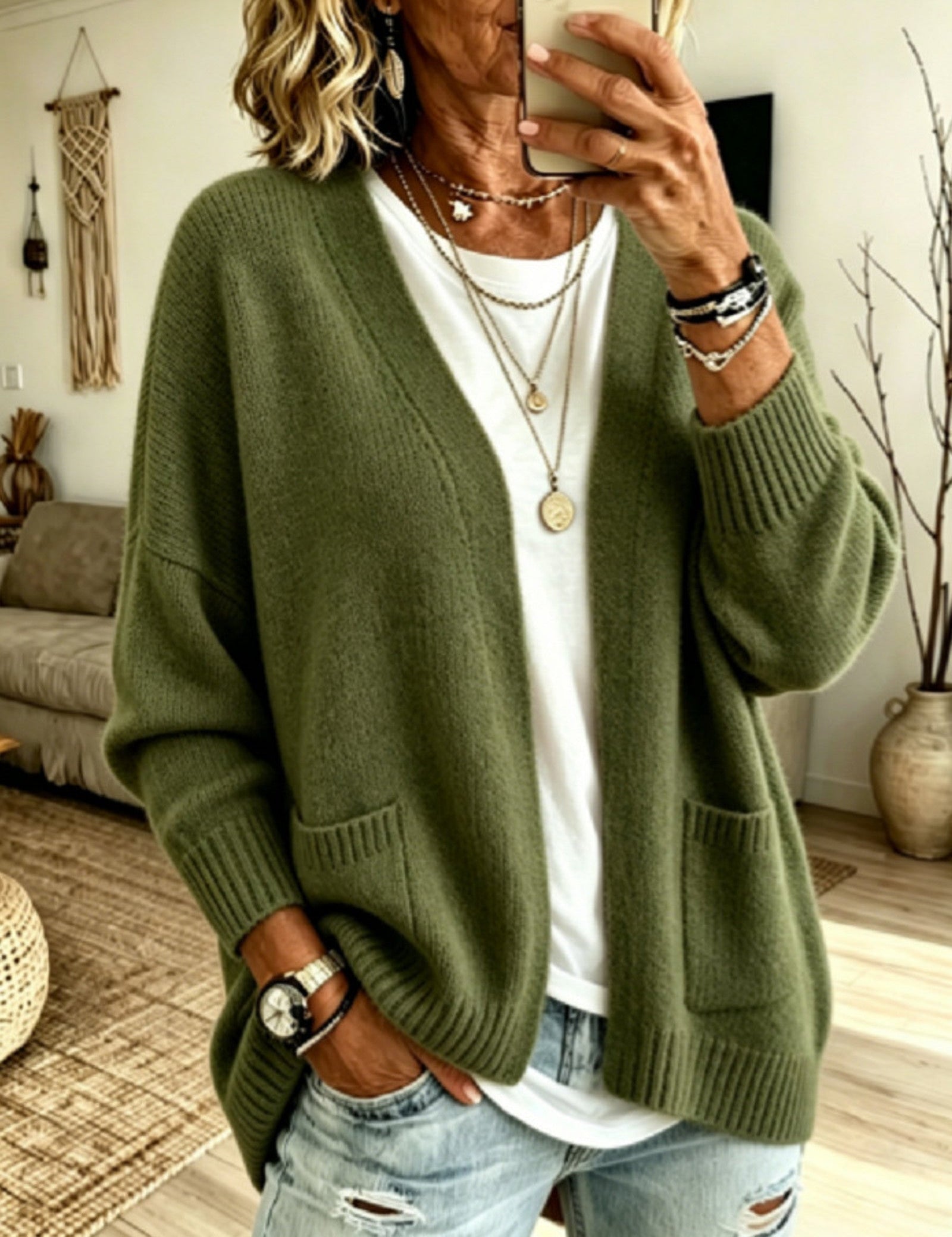 Cardigan a Maglia con Tasca Frontale Aperta