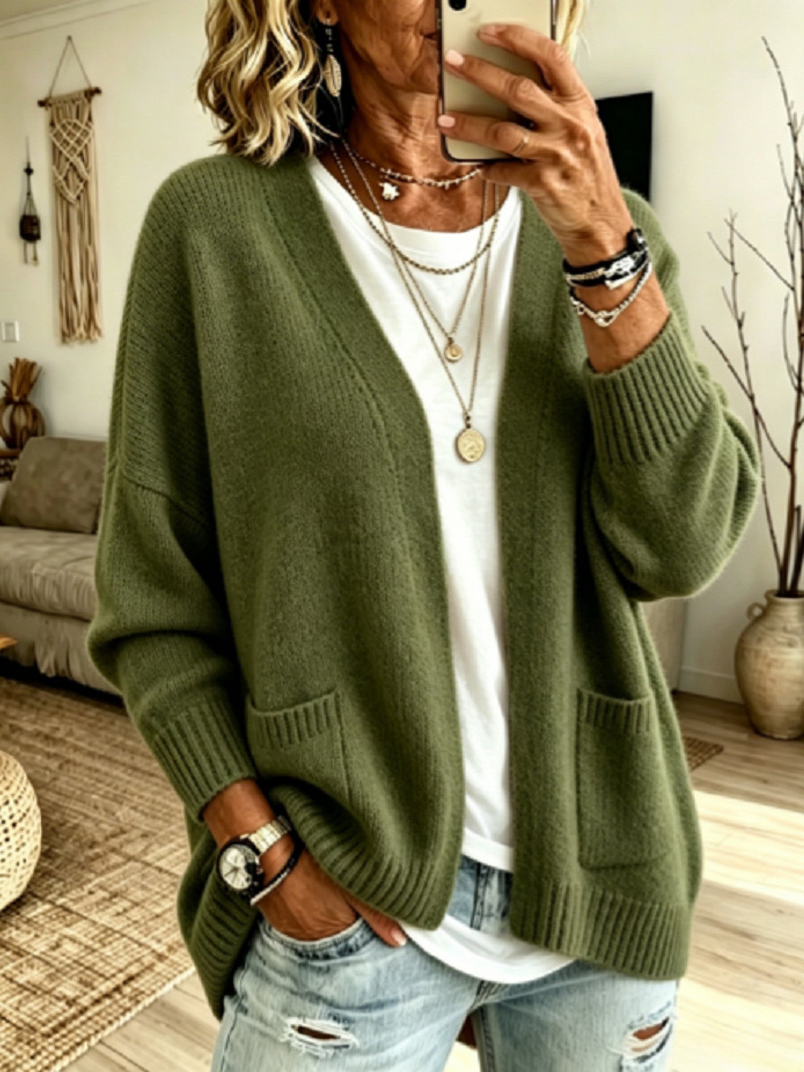 Cardigan a Maglia con Tasca Frontale Aperta