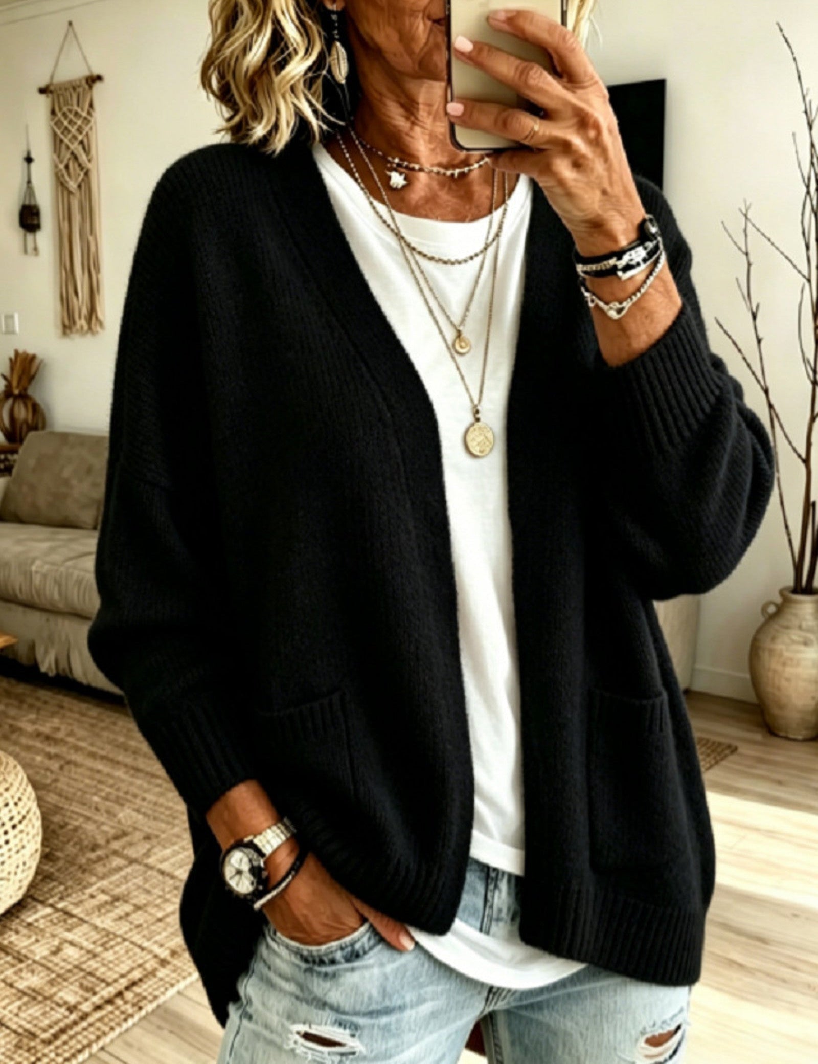 Cardigan a Maglia con Tasca Frontale Aperta