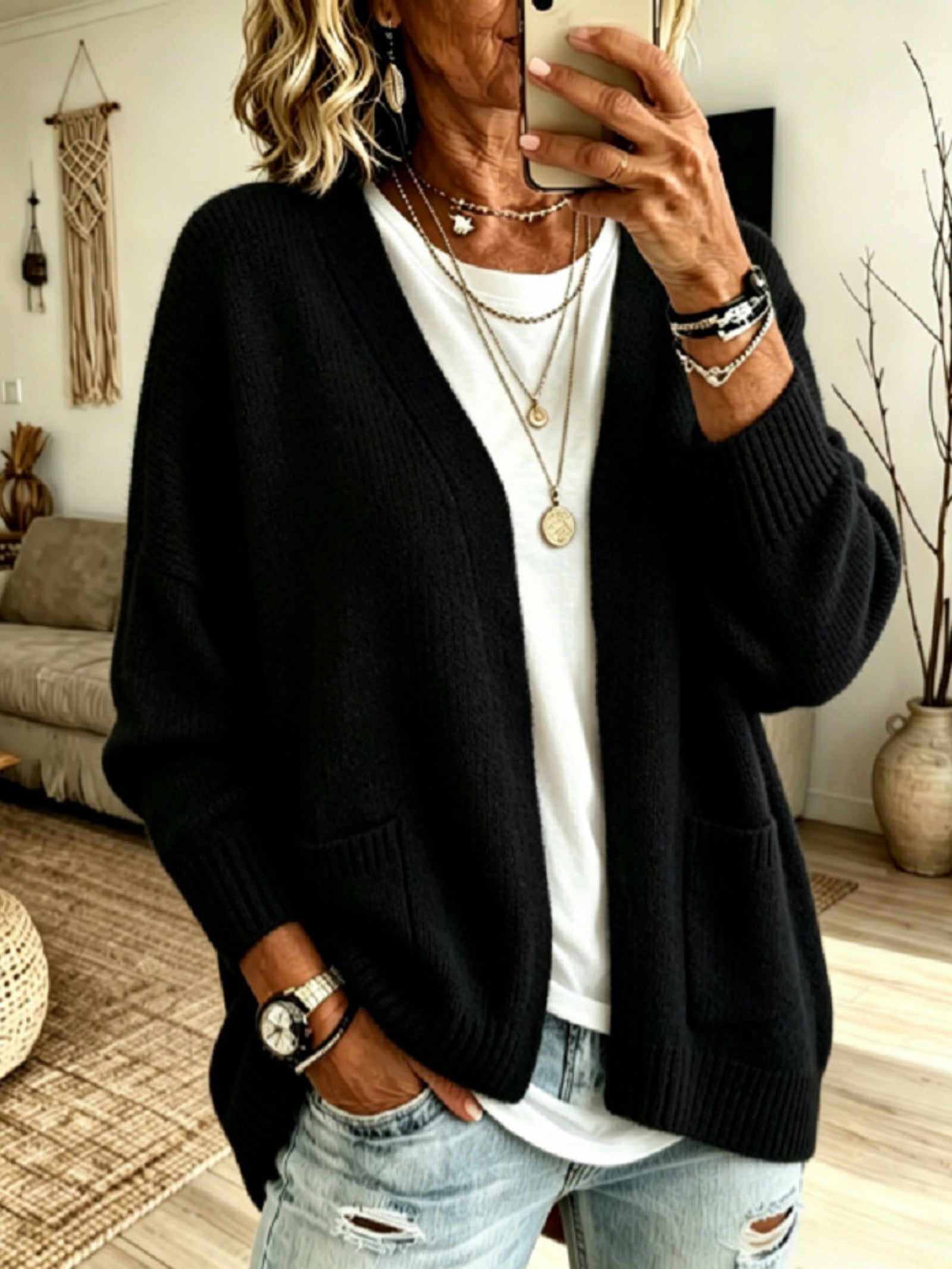 Cardigan a Maglia con Tasca Frontale Aperta