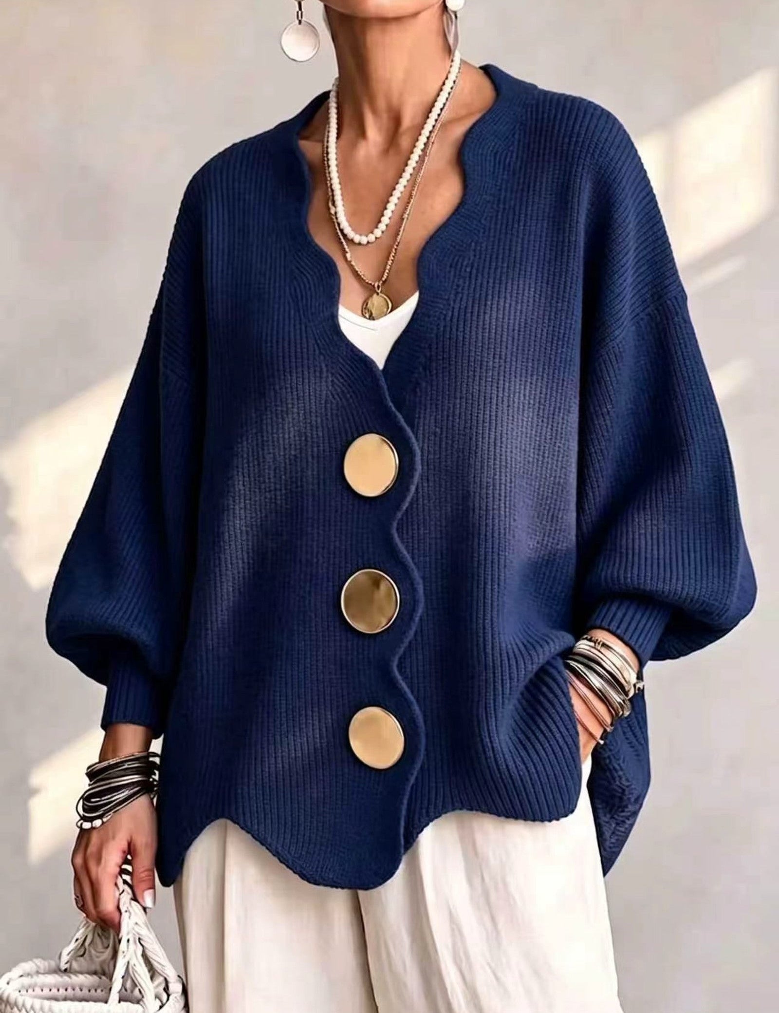Cardigan a Maglia Ondulata Oro