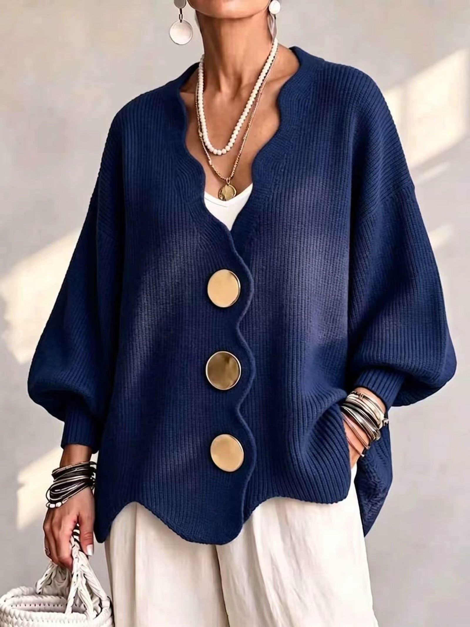 Cardigan a Maglia Ondulata Oro