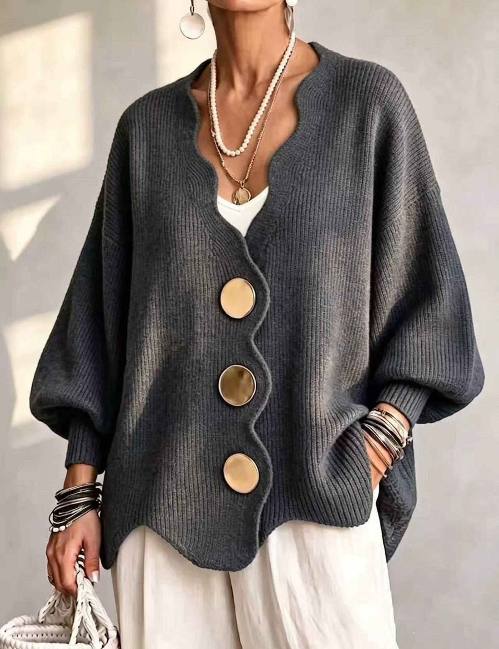 Cardigan a Maglia Ondulata Oro
